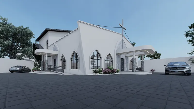 Corner view of the proposed church auditorium with a cross and pointed-arch windows